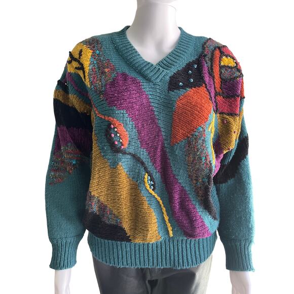 Jaclyn Smith Vintage Sweater Color Block Geometric Beaded 80s 90s Size Medium - Picture 5 of 5